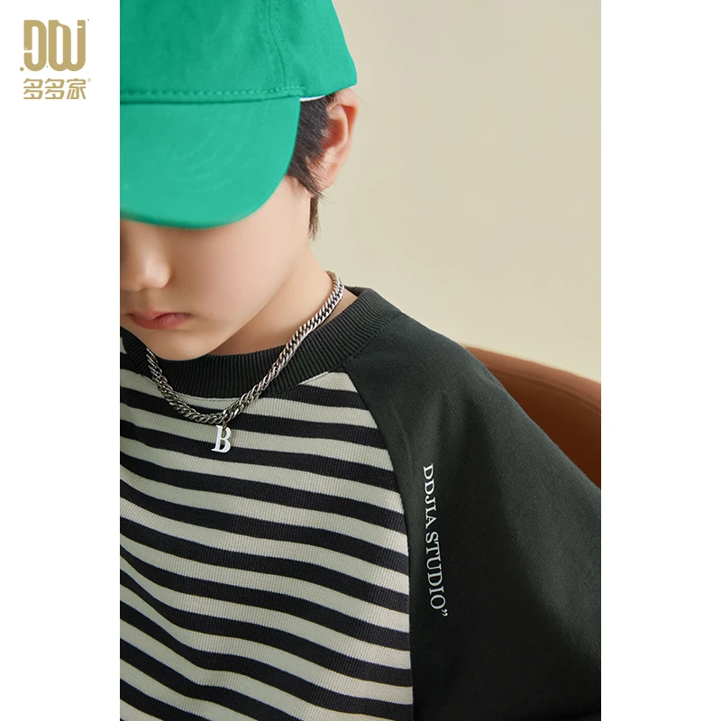 多多家6054 【华夫格.撞色】中大童春秋休闲百搭条纹拼接插肩袖卫衣