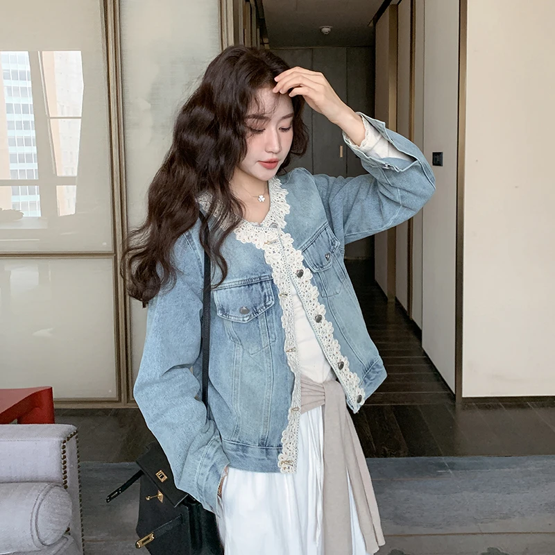 蓝色港风花边装饰复古牛仔外套女2025春季新款时尚减龄高级感夹克