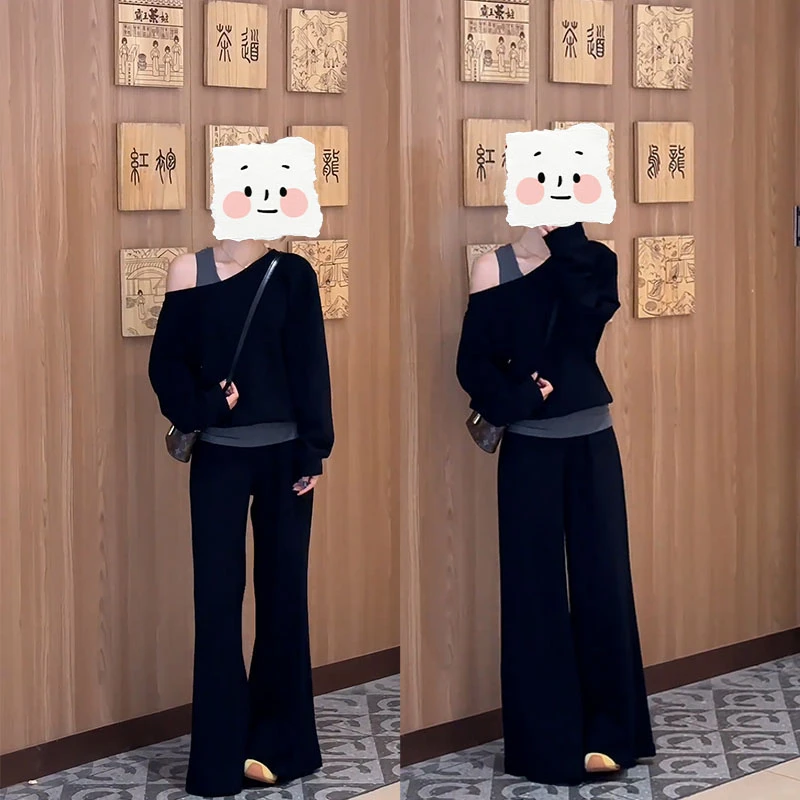 休闲时尚套装女2025秋季新款时髦洋气斜肩假两件卫衣阔腿裤两件套
