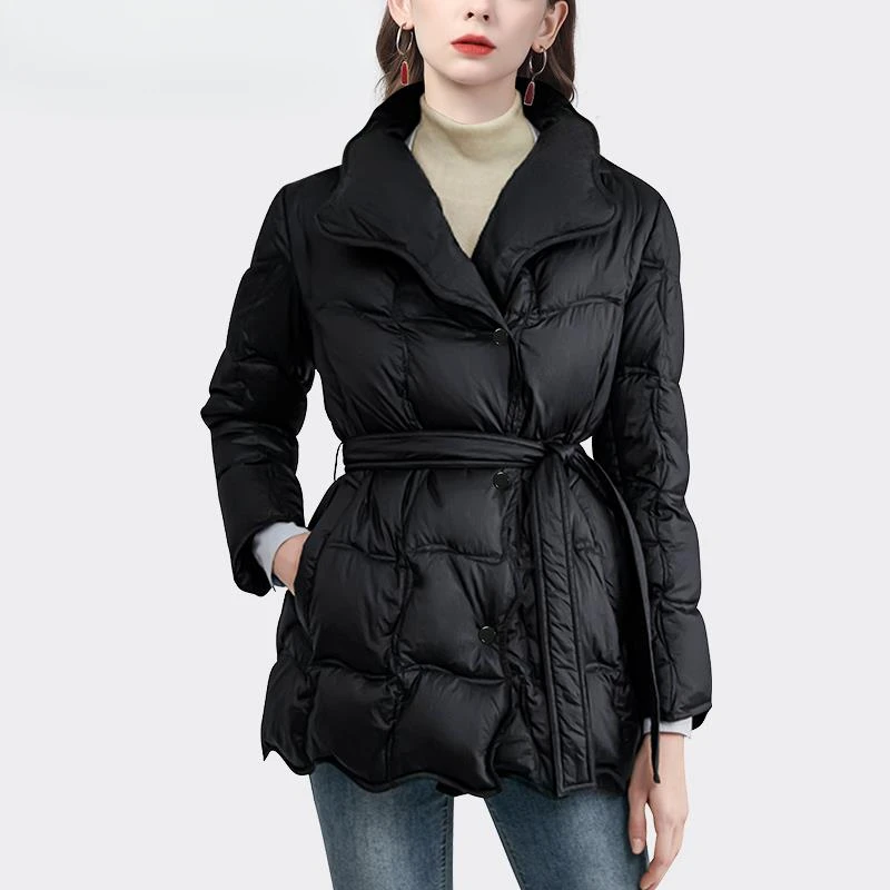 欧洲站时尚翻领羽绒服女中长款收腰绑带白鸭绒外套气质WK22628