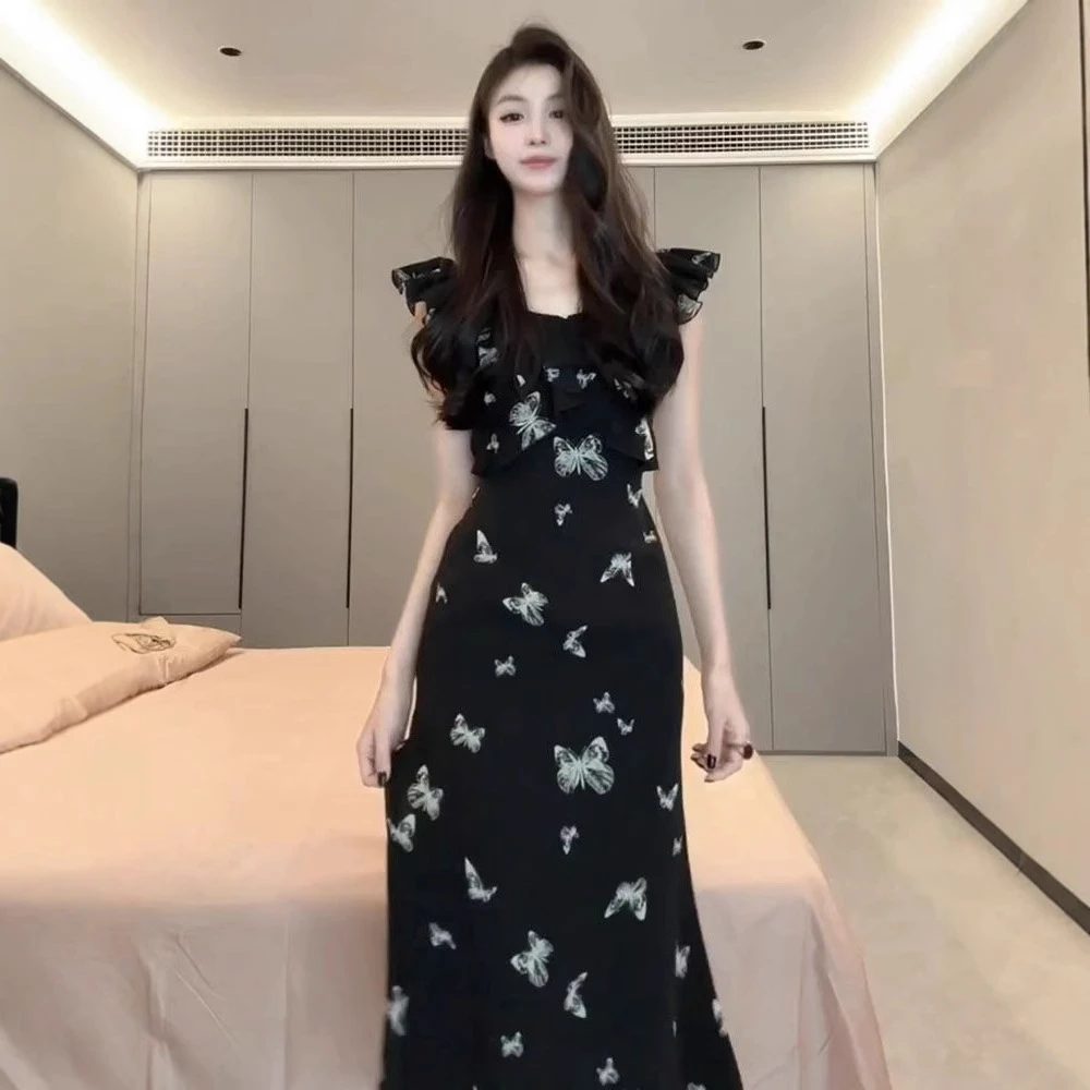 设计感法式复古小飞袖蝴蝶连衣裙女2025新款夏季小众韩系黑色长裙