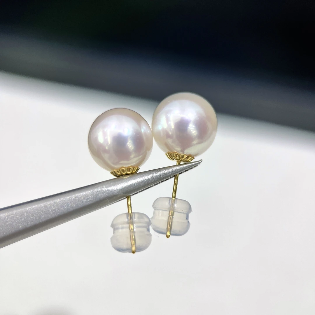 天然珍珠 海水珍珠耳钉 18K金 9-10MM  S1348