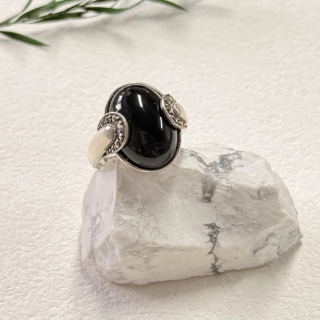 【六六中古】孤品复古黑玛瑙银925戒指ty3416港16欧55