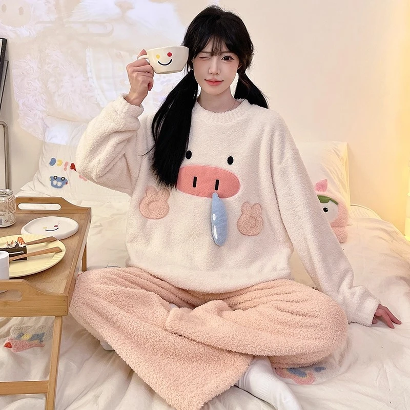半边绒睡衣秋女款2025新款长袖卡通可爱套装冬季加厚保暖家居服春