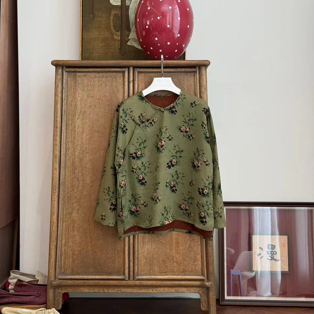 MYL 2025夏季新品桑蚕丝红云纱熊猫抱竹衬衫斜襟印花复古中式上衣