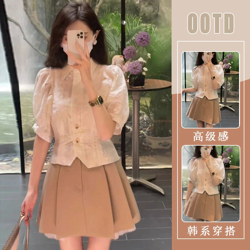 法式镂空设计感泡泡袖小香风衬衫女2025夏季新款显瘦半身裙两件套