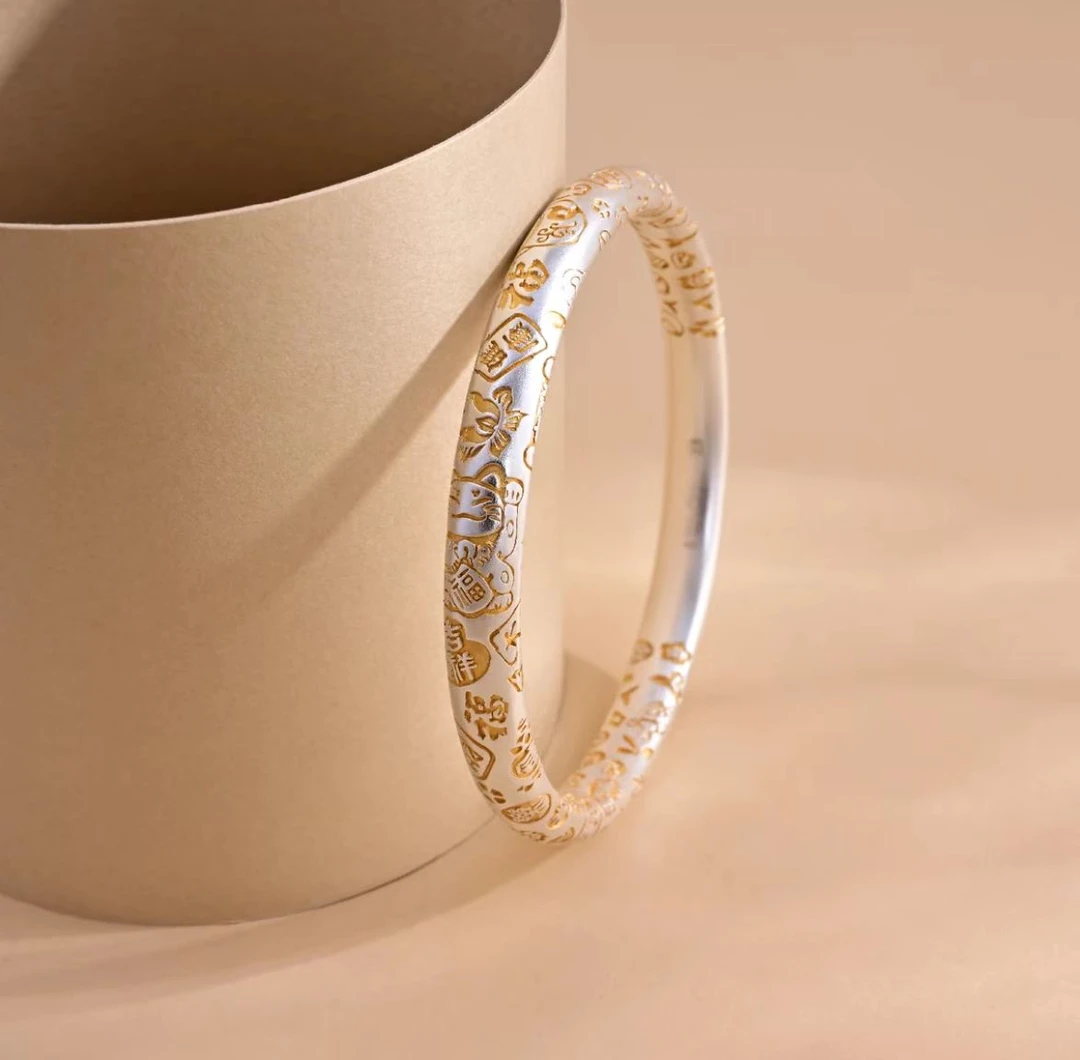 足银手镯 足银9999金意禅招财猫吉言新中式古法描金实心闭口手镯