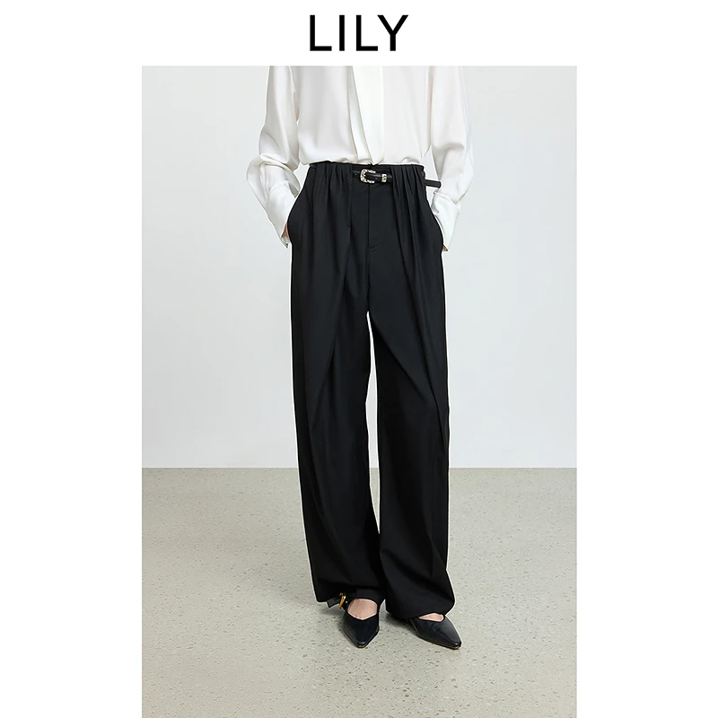 LILY2025冬新款含羊毛立体褶皱通勤直筒阔腿裤西裤女125409C5901