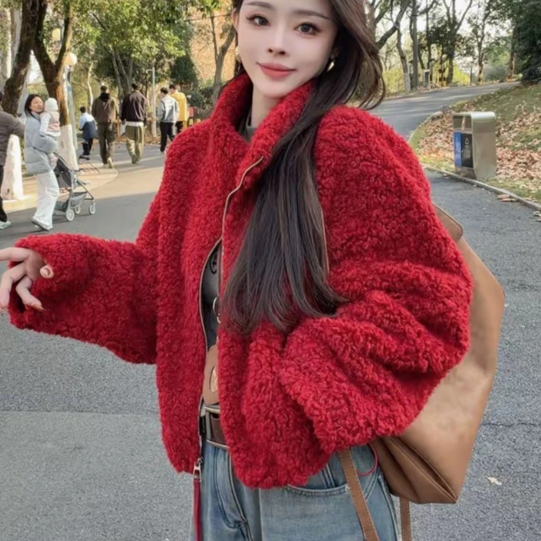 宽松女红色毛茸茸羊羔毛外套百搭加厚短外套立领短款毛绒韩版秋冬