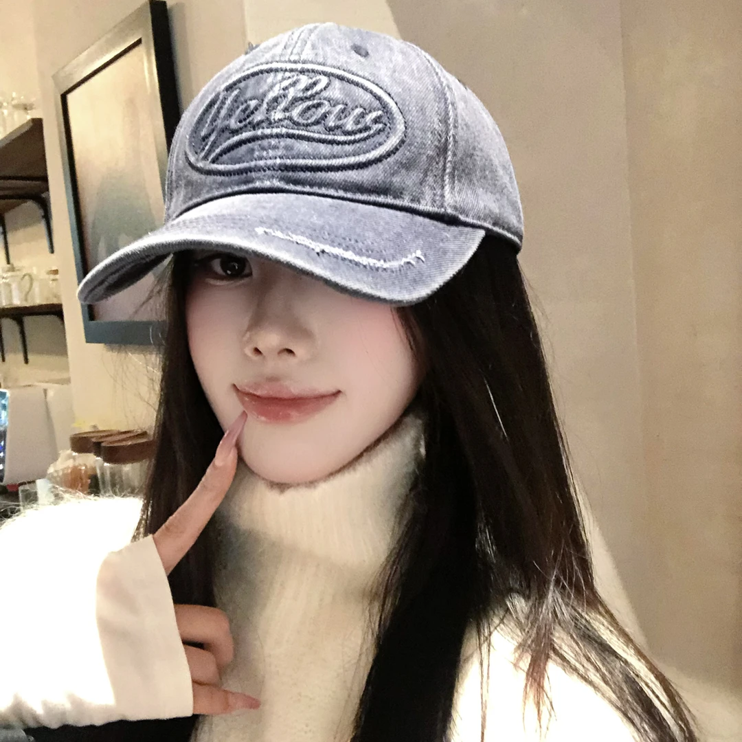 韩版新款水洗做旧字母棒球帽女大头围显脸小ins鸭舌帽