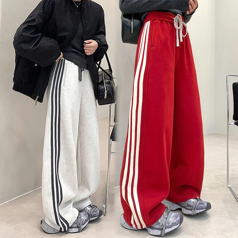 冬季新款洋气条纹抽绳运动裤时尚女装高腰垂感加绒阔腿裤休闲卫裤