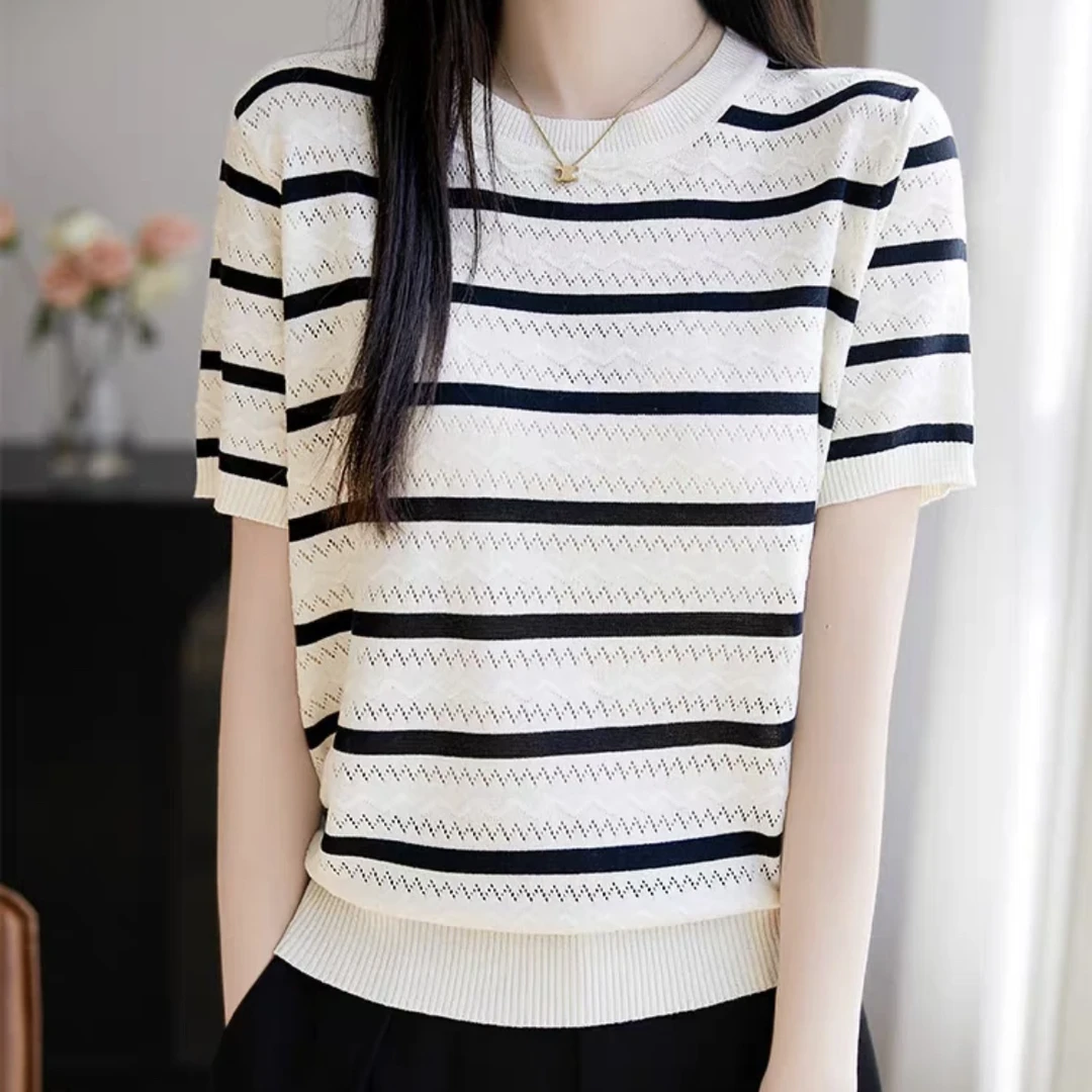 【80-160斤】冰丝条纹短袖女宽松休闲撞色t恤上衣镂空衣服5228
