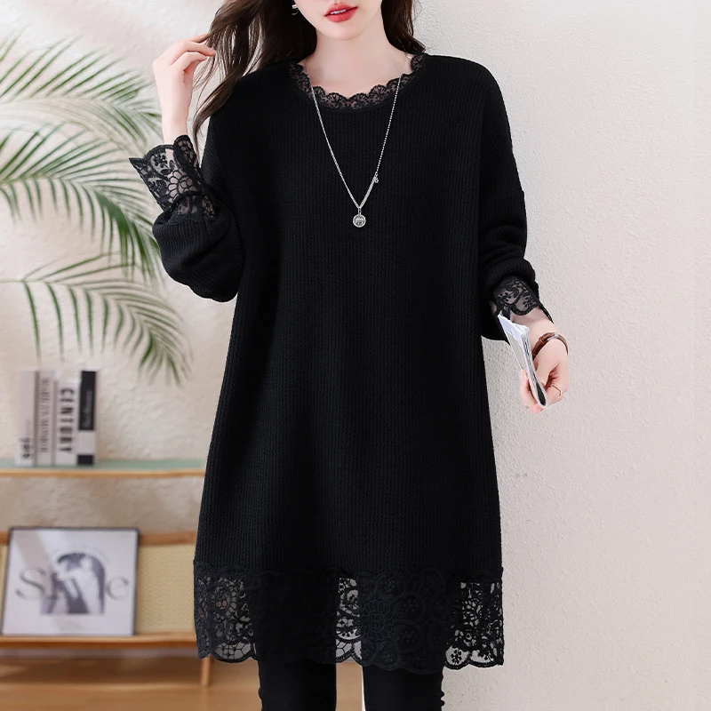 【女神新衣】大码秋冬季中长款T恤蕾丝拼接针织肌理感宽松时尚上衣