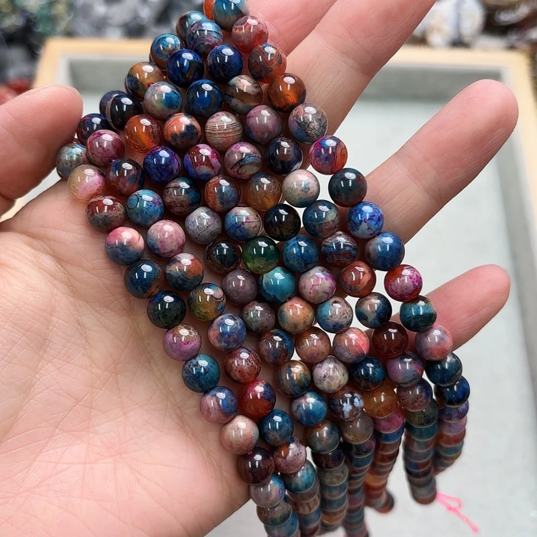 玛瑙/玉髓未镶嵌珠宝半成品卡8彩玛瑙圆珠一条