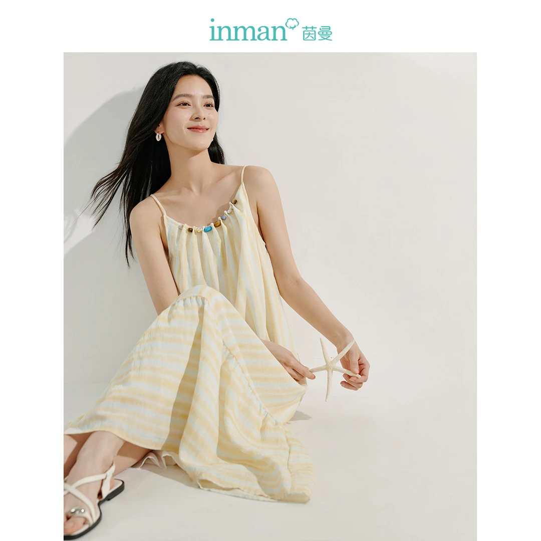 【欧若假日风】茵曼夏季海边度假风条纹印花串珠吊带裙女长款连衣裙