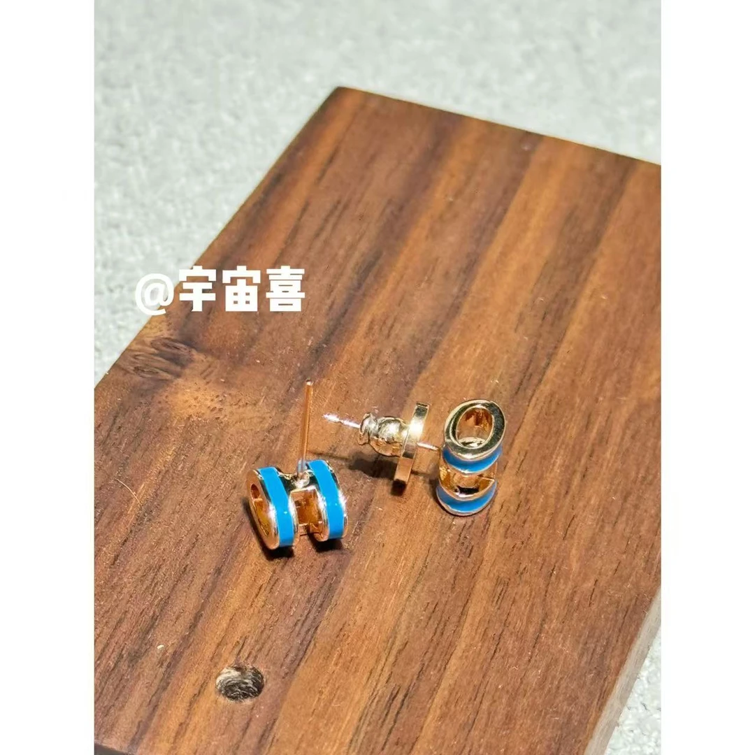 铜合金珐琅耳饰 L2-008【蓝色小h金色底迷你耳钉】