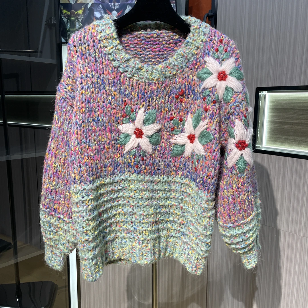 <猪猪出品>红人上新时尚百搭圆领乱彩色毛衣秋冬针织套头364