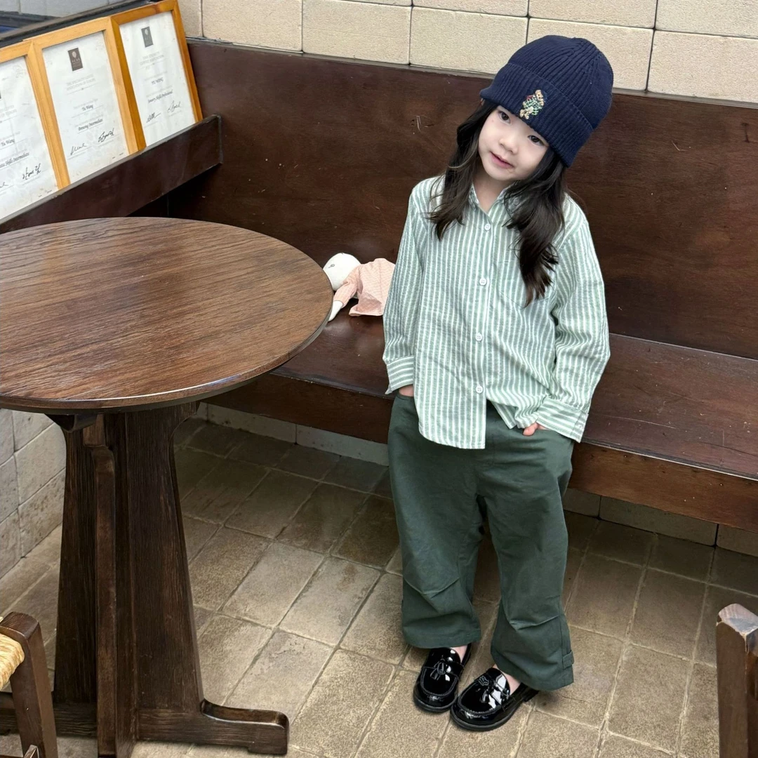 壹妈韩版童装女童早秋穿搭套装洋气儿童绿色条纹长袖衬衫上衣裤子
