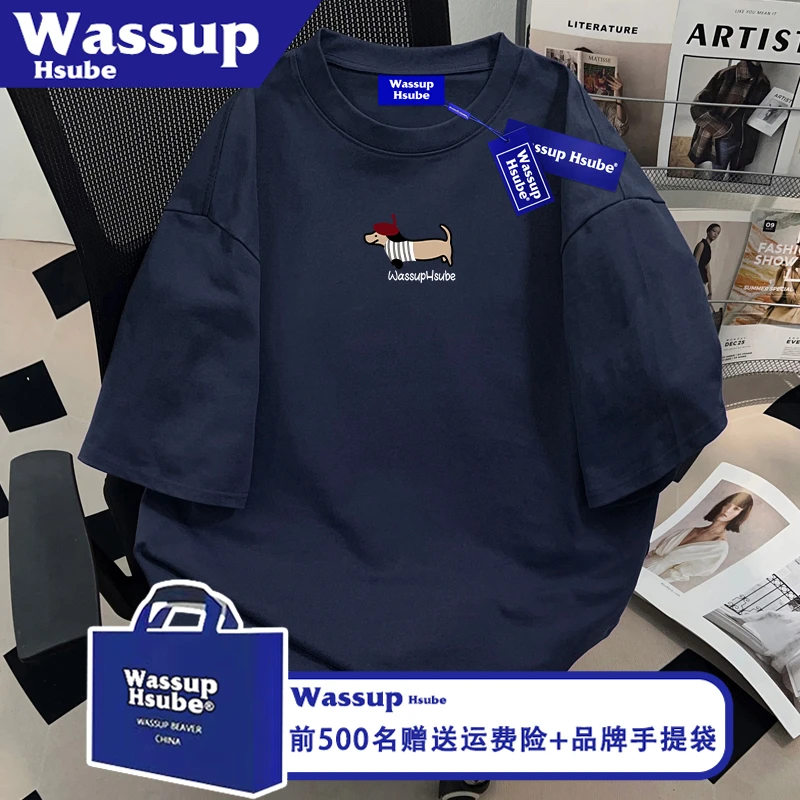 WASSUP HSUBE夏季男女同款纯棉半袖腊肠狗印花潮流感T恤藏青短袖