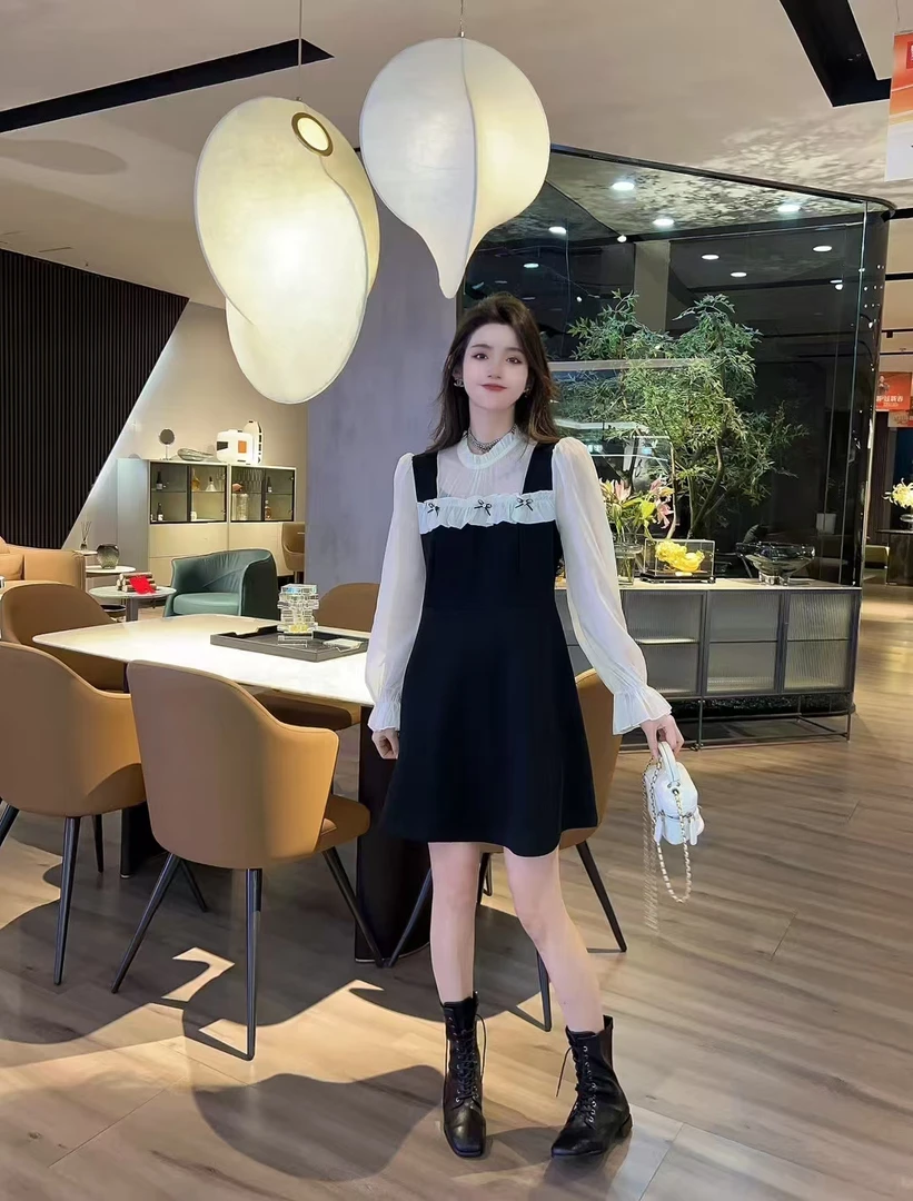 法式假两件长袖小香风连衣裙大码女装春季新款网纱赫本风小黑裙女