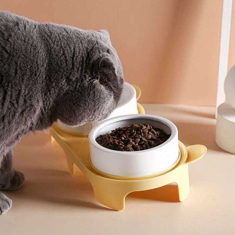 陶瓷双碗猫咪猫粮碗二合一水碗狗狗宠物粮食盆喝水碗饭碗保护颈椎