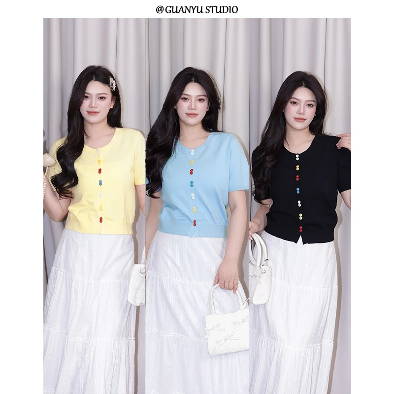 XX【花期如梦】蛋妹大码女装显瘦短袖针织开衫T恤DM25782