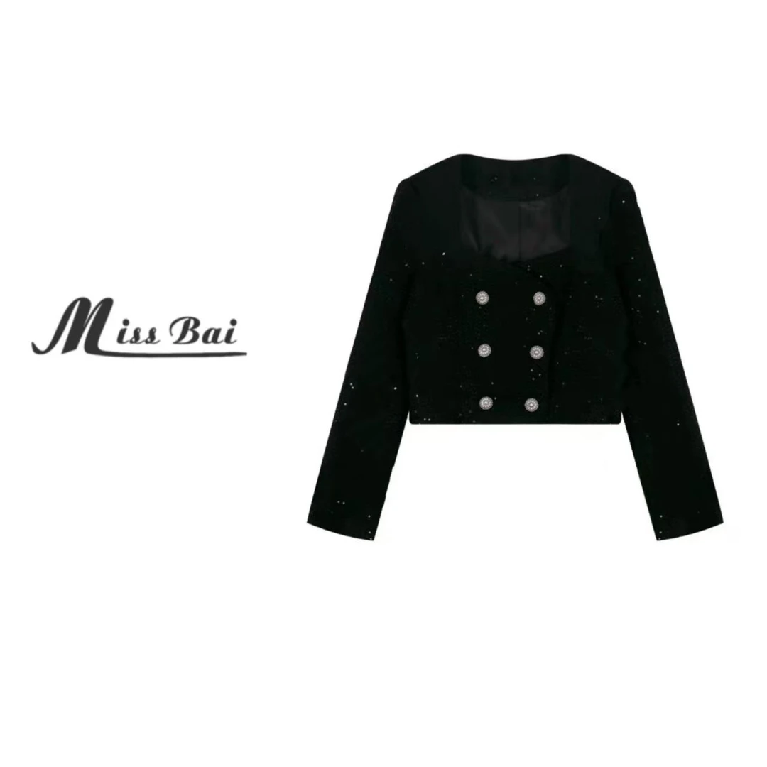 【白姐严选】—【黑糖碎钻】009—小众设计双排扣时髦短款黑闪短外套