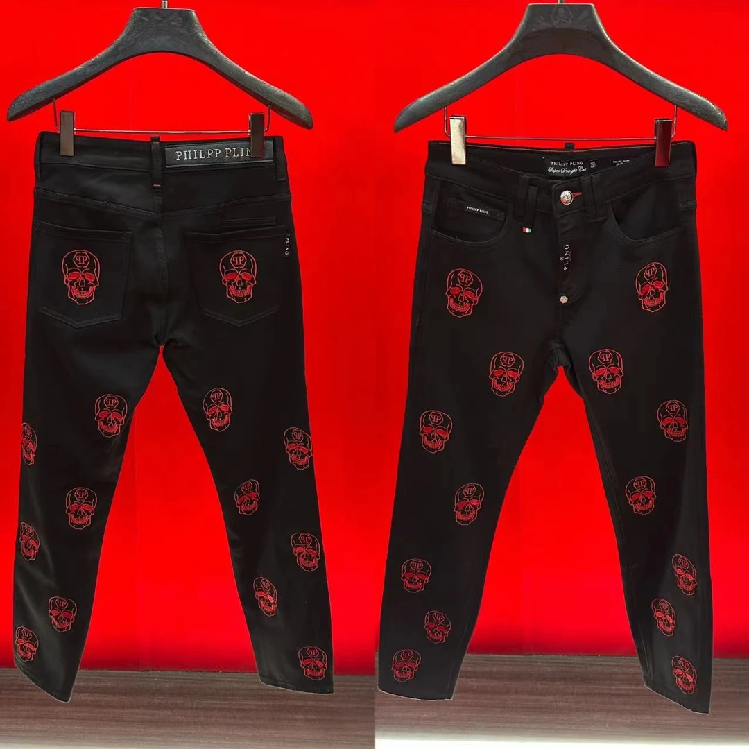 正品欧货高品质25新款潮牌小直脚骷髅头刺绣潮流时尚弹力牛仔长裤