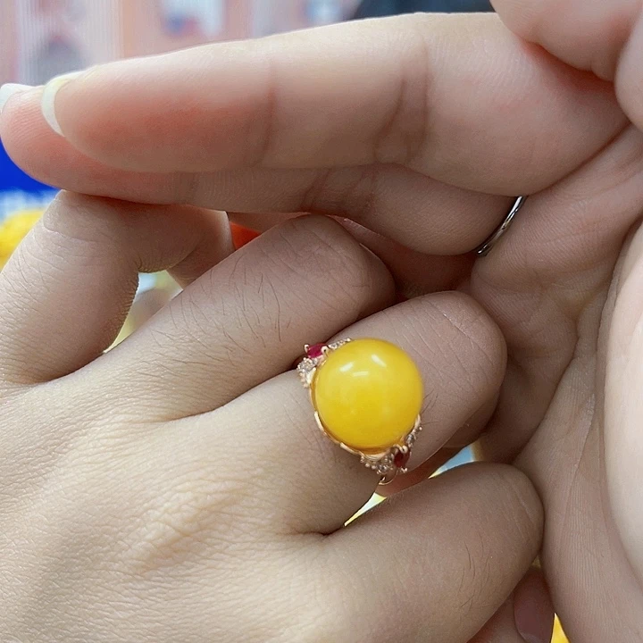 蜜蜡银S925镶嵌裸石戒指