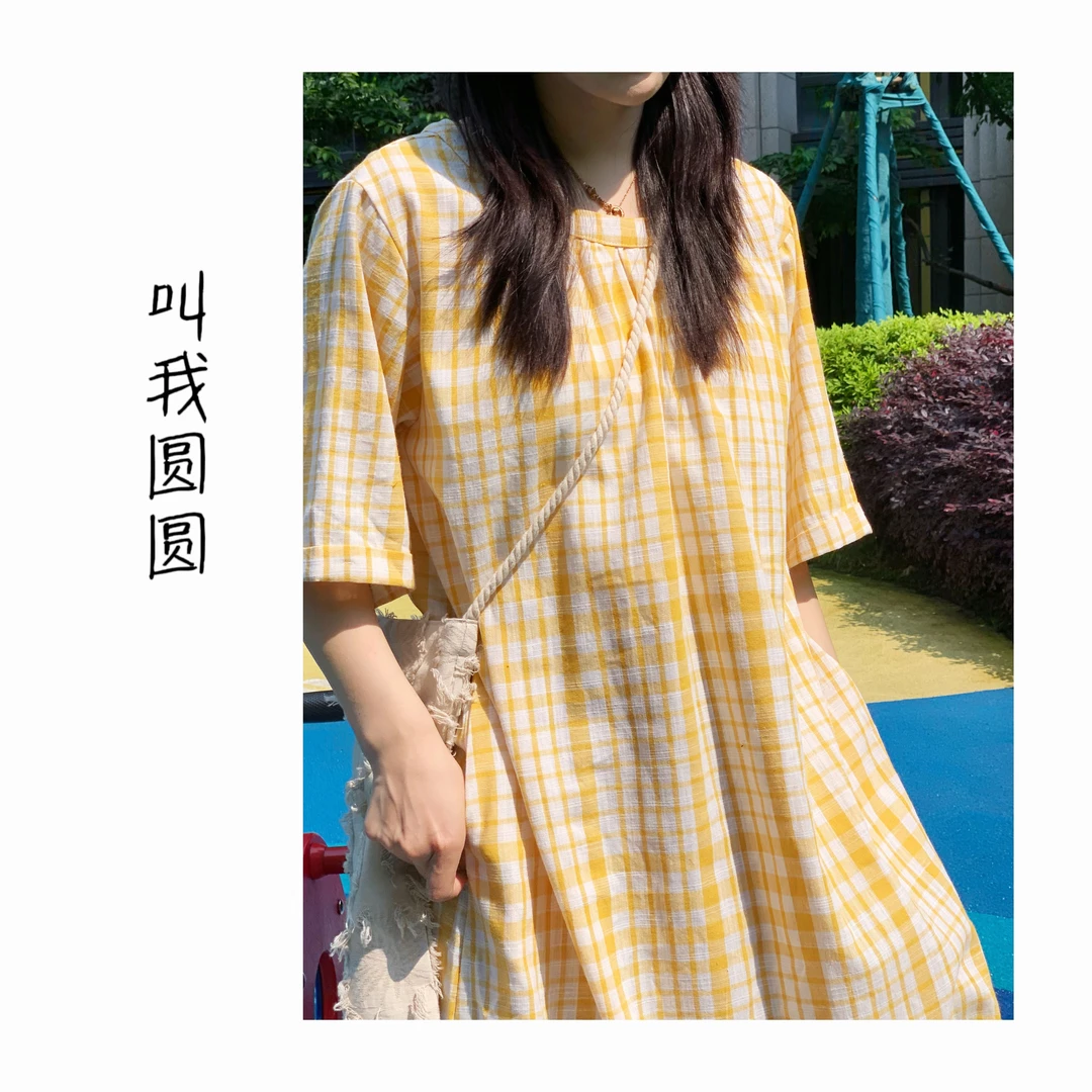 圆圆【溏心蛋】 时尚洋气女款后背系带中袖长款格子连衣裙 YY 8207