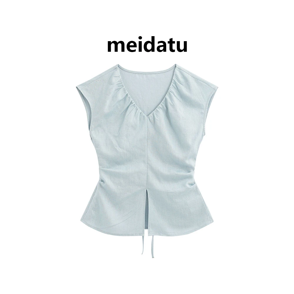 美哒兔（云间奶糖）韩系v领抽褶设计上衣CK1965-25