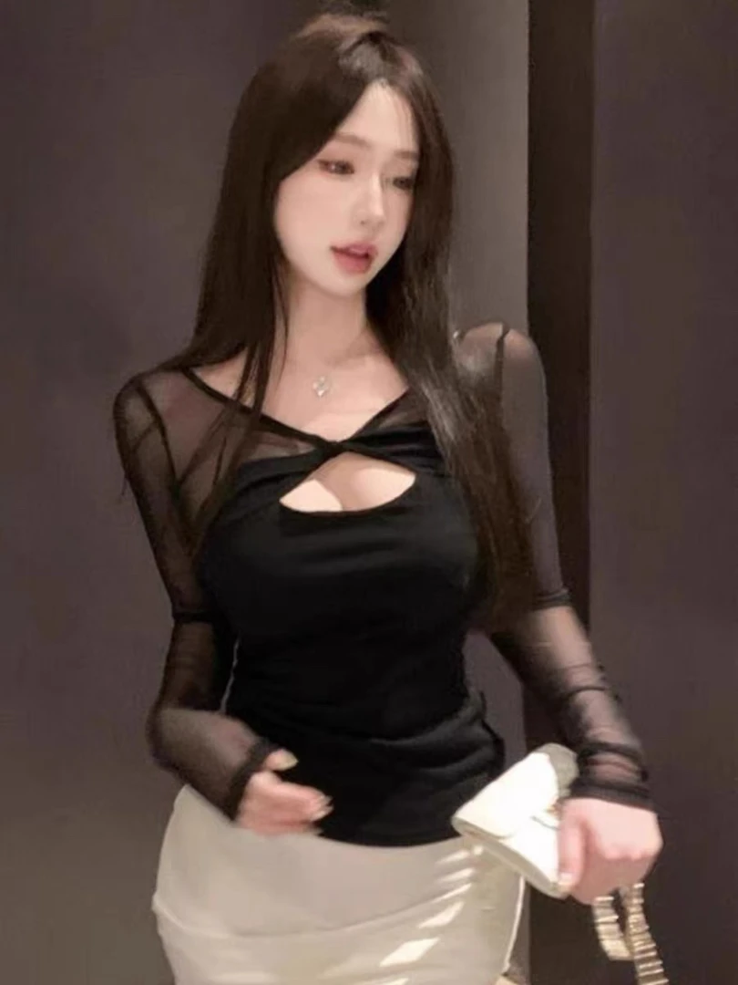 纯欲性感网纱拼接露背长袖T恤女夏设计感扭结镂空显胸大防晒上衣