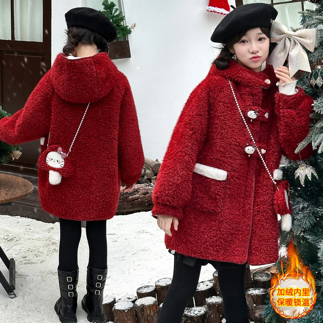 女童红色毛呢冬装2025新款中大童加绒加厚呢子大衣儿童冬季过年服