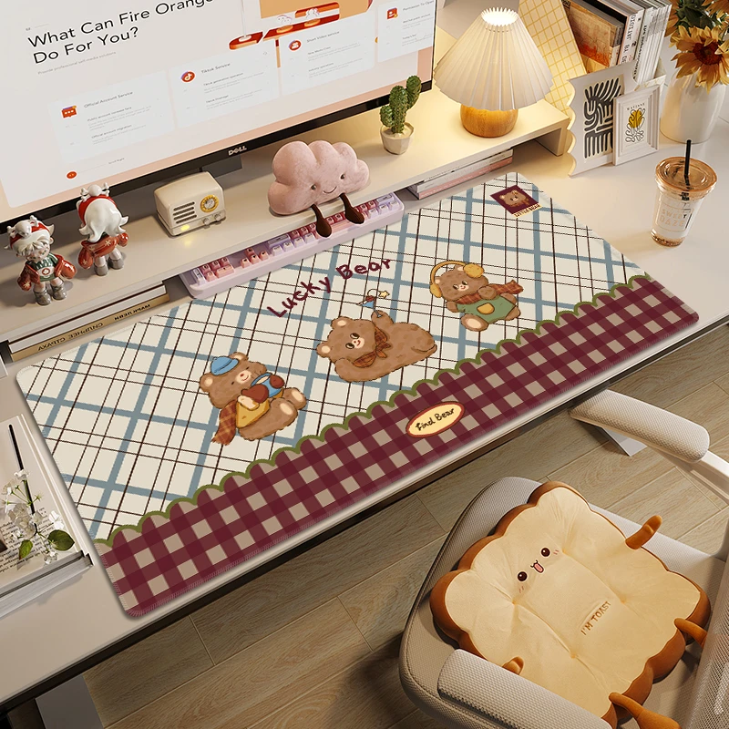 复古幸运小熊鼠标垫子超大女生高颜值办公室桌垫办公电脑键盘垫