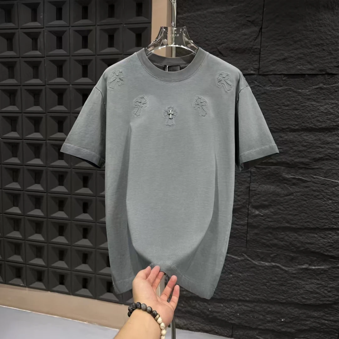 SP-F76-夏季新款水洗做旧时尚奢潮刺绣短袖男女同款