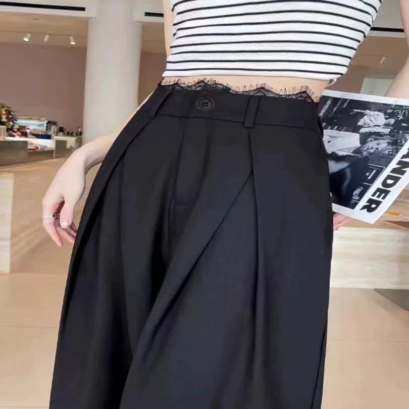 蕾丝花边西装阔腿裤2025夏季高腰垂感宽松裤子高级灰百搭时尚长裤