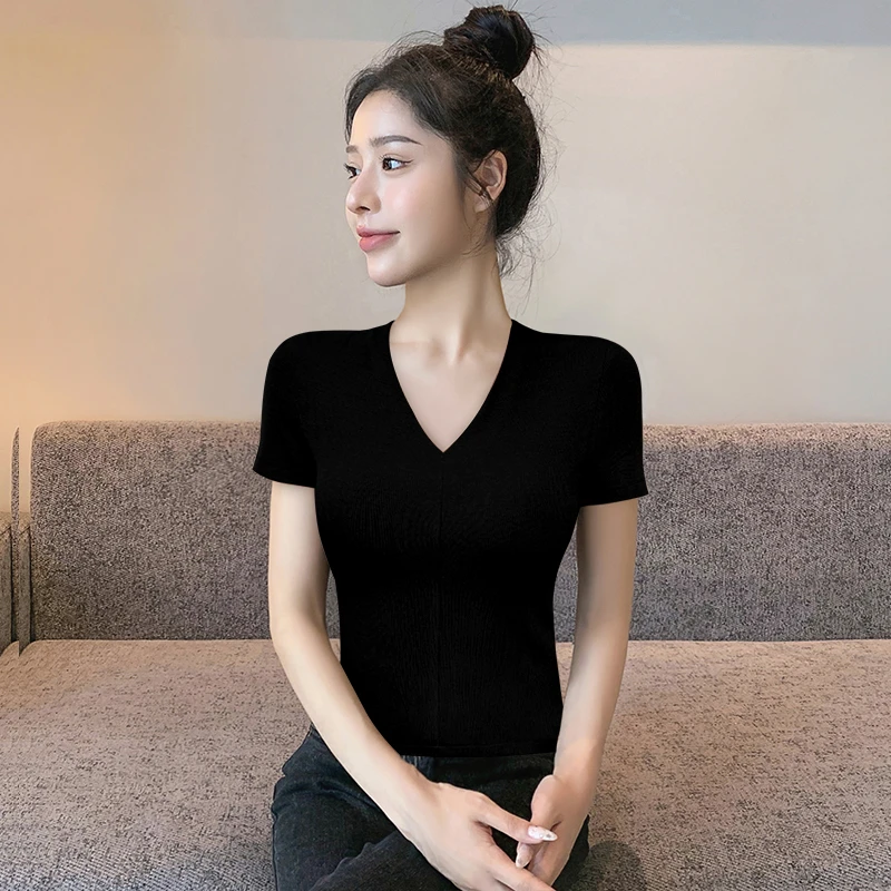 黑色螺纹v领短袖t恤修身夏季女装新款显瘦紧身纯色百搭气质上衣潮