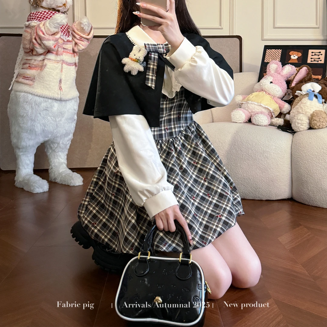伦敦少女 织物猪原创 复古千金风格纹假两件连衣裙女秋装花苞短裙