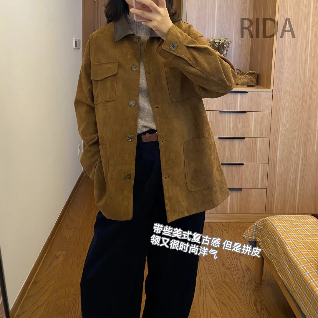 日褡拼接中古麂皮绒外套I26休闲百搭小众宽松复古ZW1052清仓