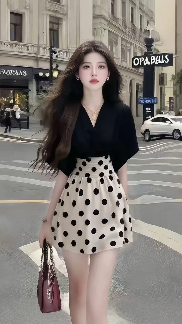 法式温柔风时尚高端大气氛围感黑色V领半袖波点设计感连衣裙女