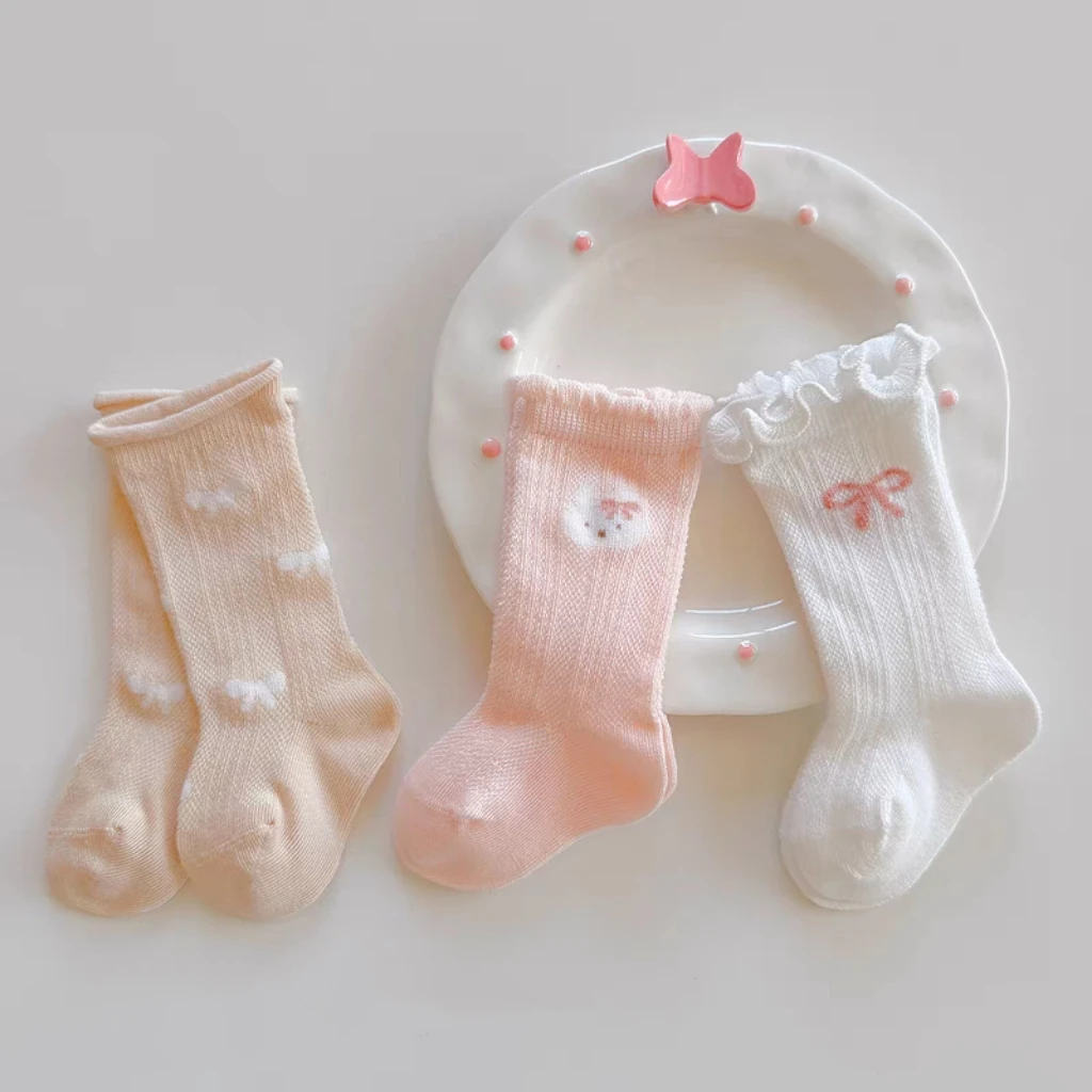 婴儿袜子春夏薄款网眼新生儿宝宝小胎袜0-3无骨木耳边长筒小腿袜