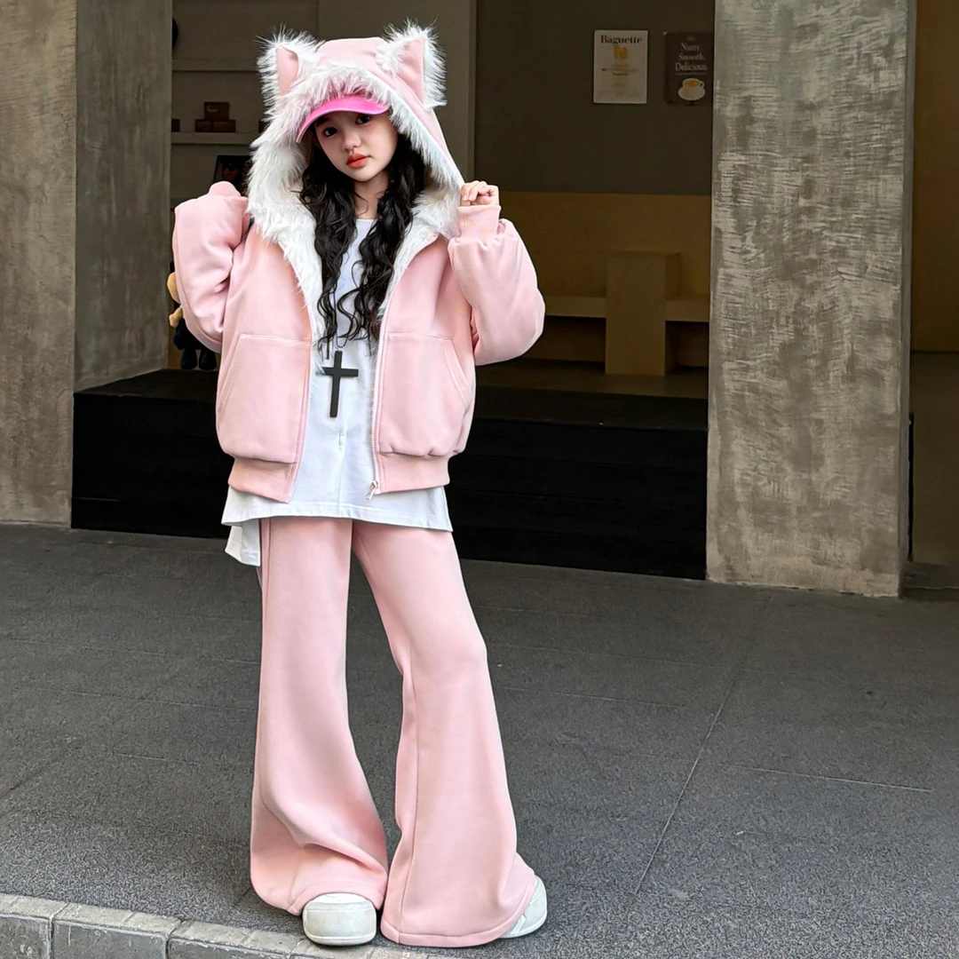 女童猫耳朵加绒套装2025冬季新款儿童连帽外套喇叭裤秋冬装两件套