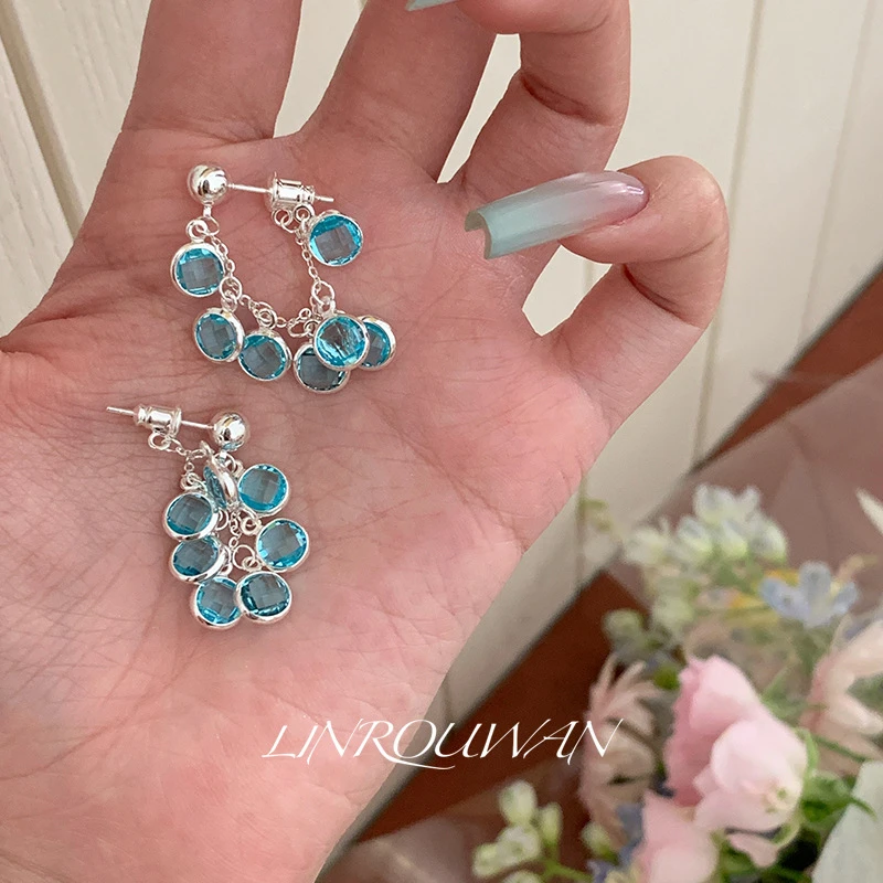 铜合金莫桑石耳饰 精致爆闪蓝色葡萄串流苏后挂式气质耳环绝美