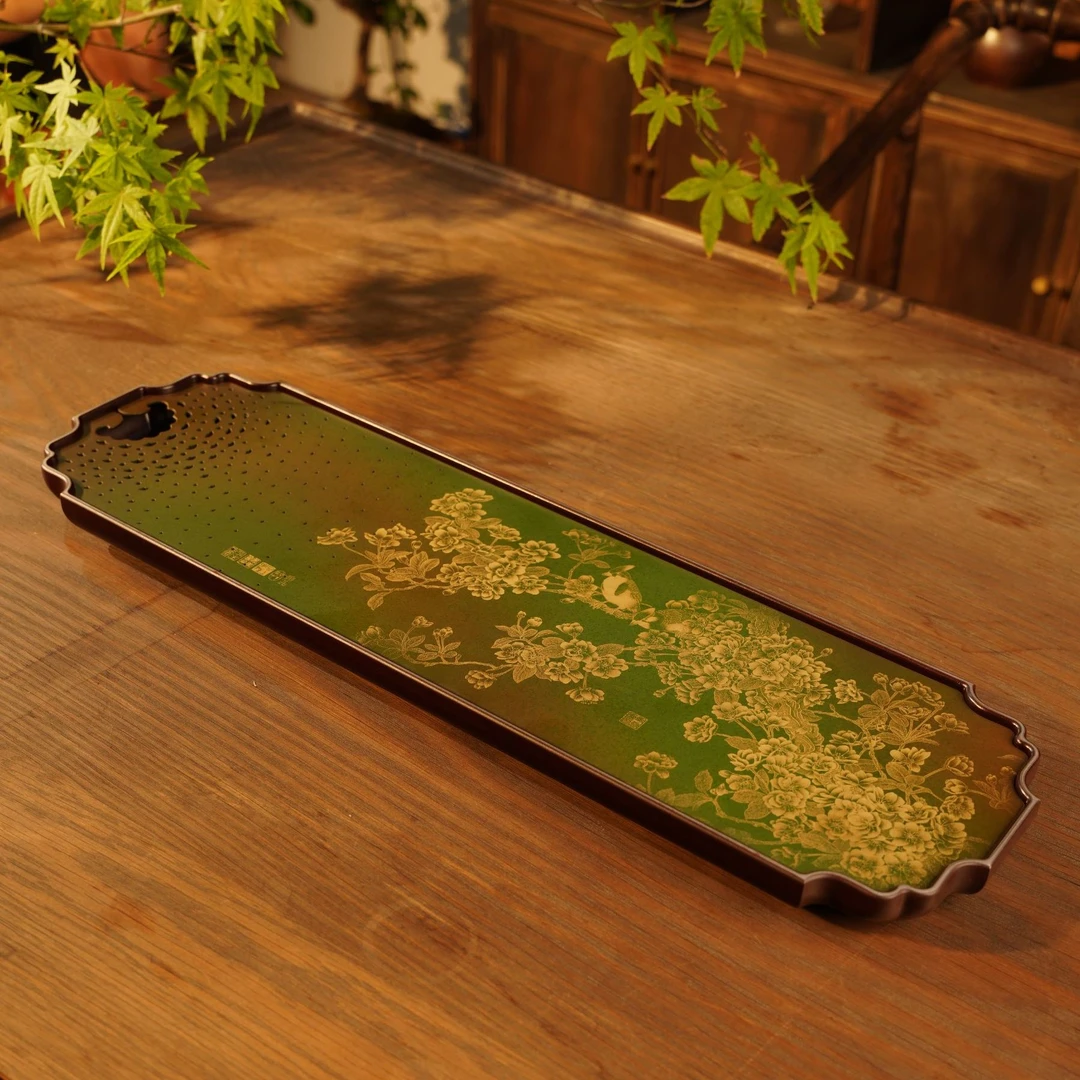 古歌元作高档铜面电木花窗茶盘【梨园春色】手工烧色长方形唐宋风
