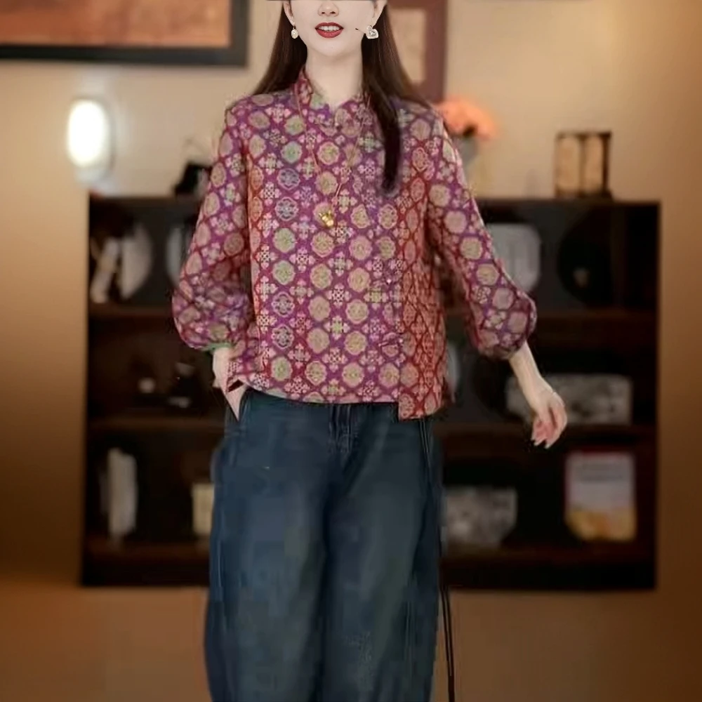 拉夏贝尔新中式国风长袖衬衫女2025秋款洋气立领印花上衣显瘦