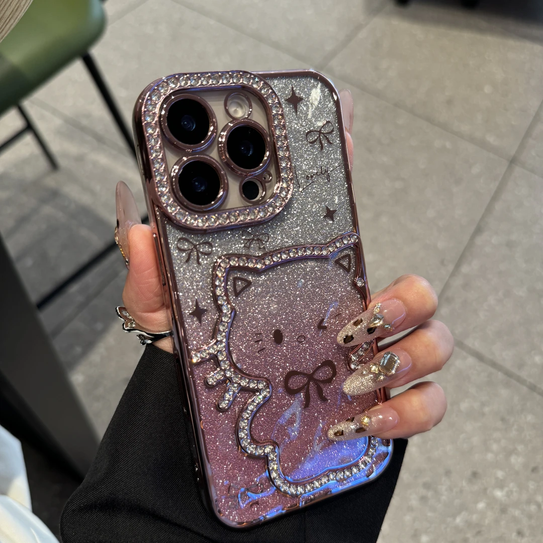 轻奢可爱镶钻猫咪适用iPhone16promax苹果15p手机壳14电镀13褶皱