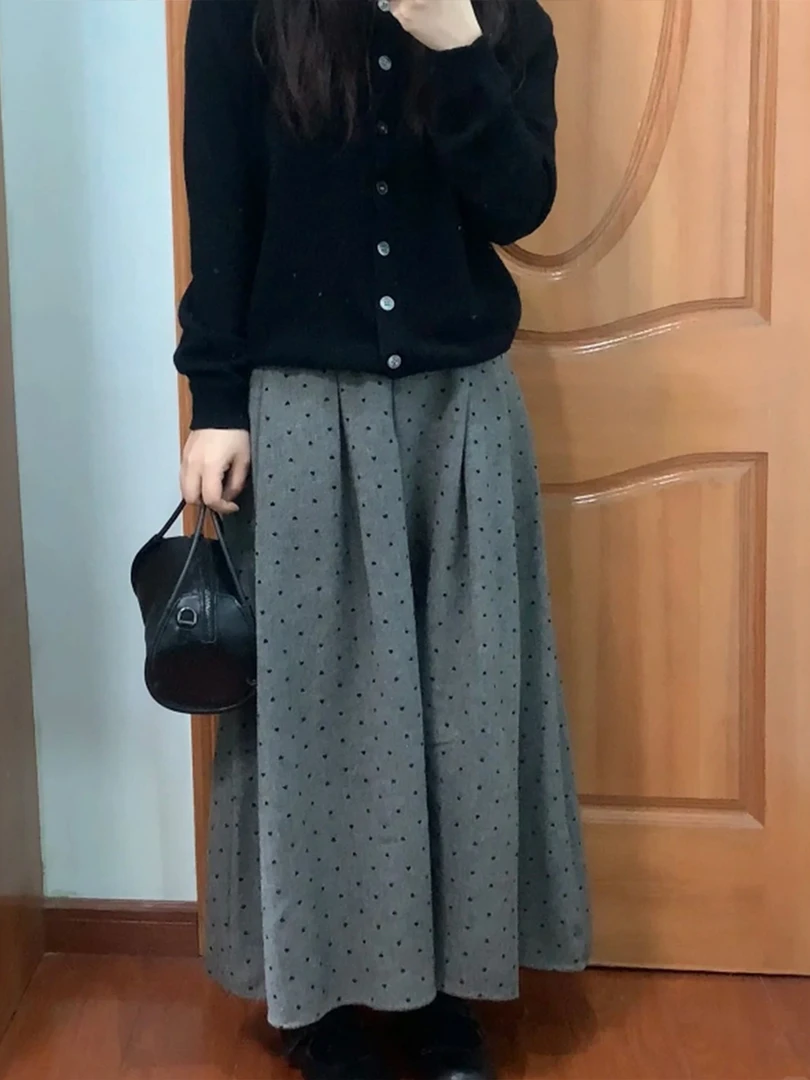灰色波点毛呢a字裙女秋冬中长款大码胖mm显瘦梨形身材百褶半身裙