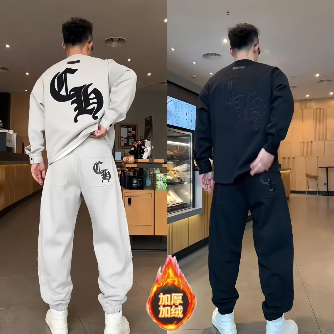 男士冬季加绒加厚潮牌时尚刺绣休闲运动套装圆领卫衣休闲裤两件套