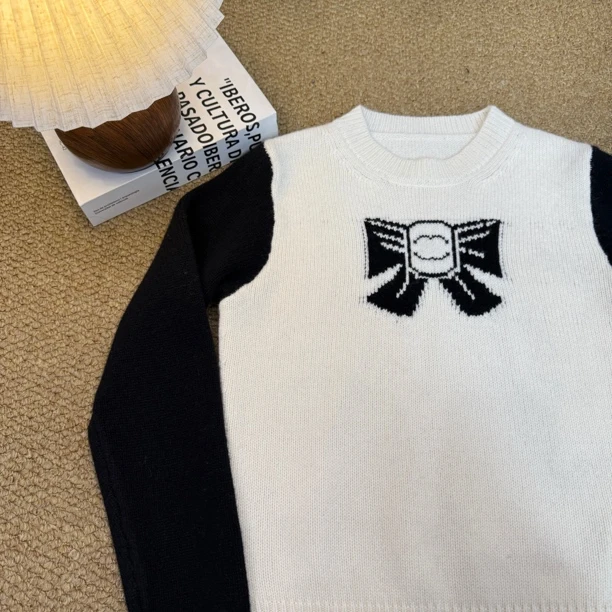 秋冬新款小香风蝴蝶结撞色针织衫气质温柔风设计感