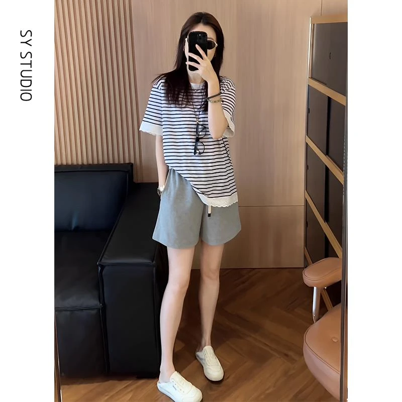 VOCKOO官方套装夏女2025新款蕾丝花边拼接短袖T恤女百搭显瘦休闲